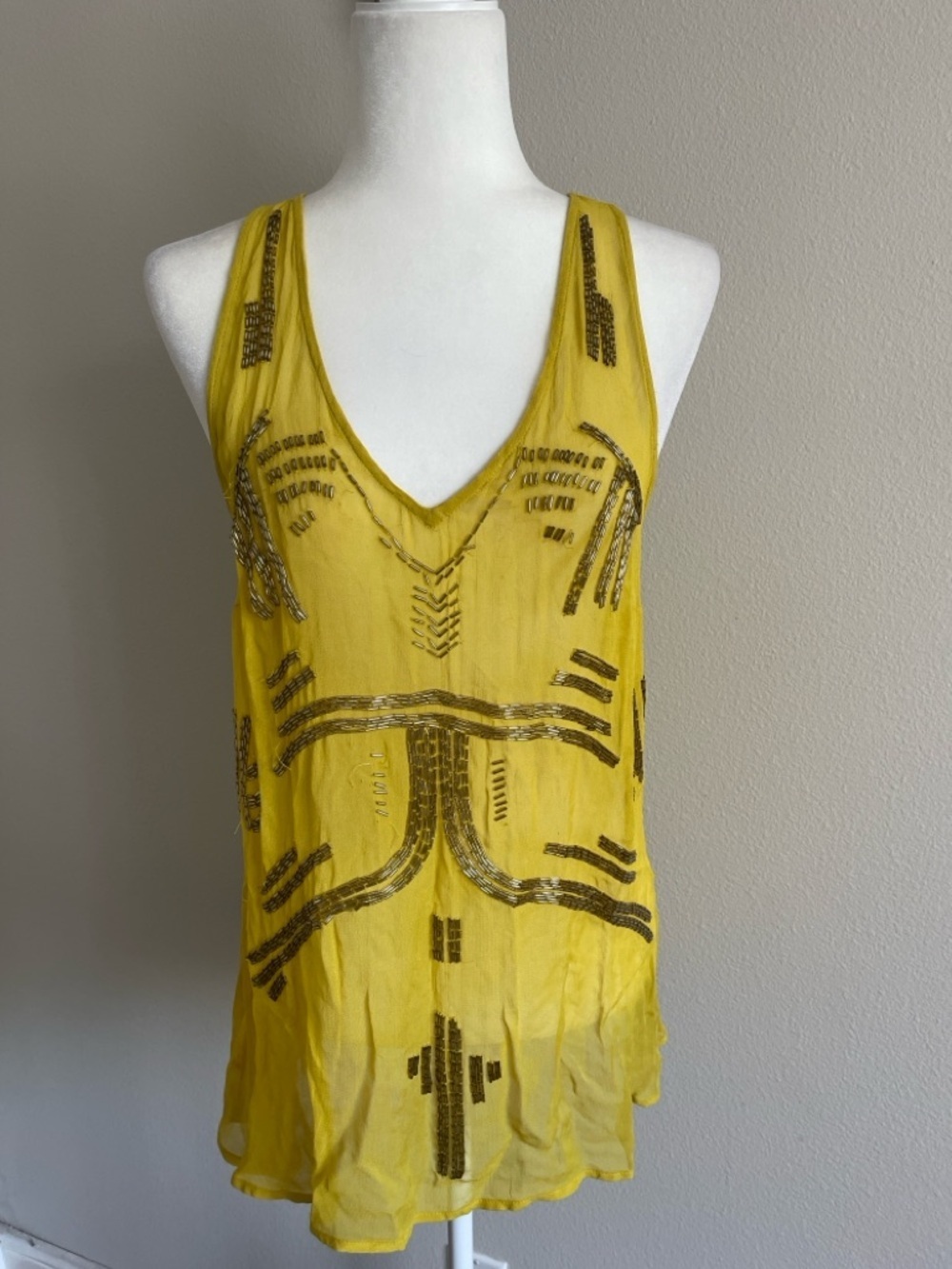 Free People Yellow Beaded V-Neck Women's Tank Top Size M